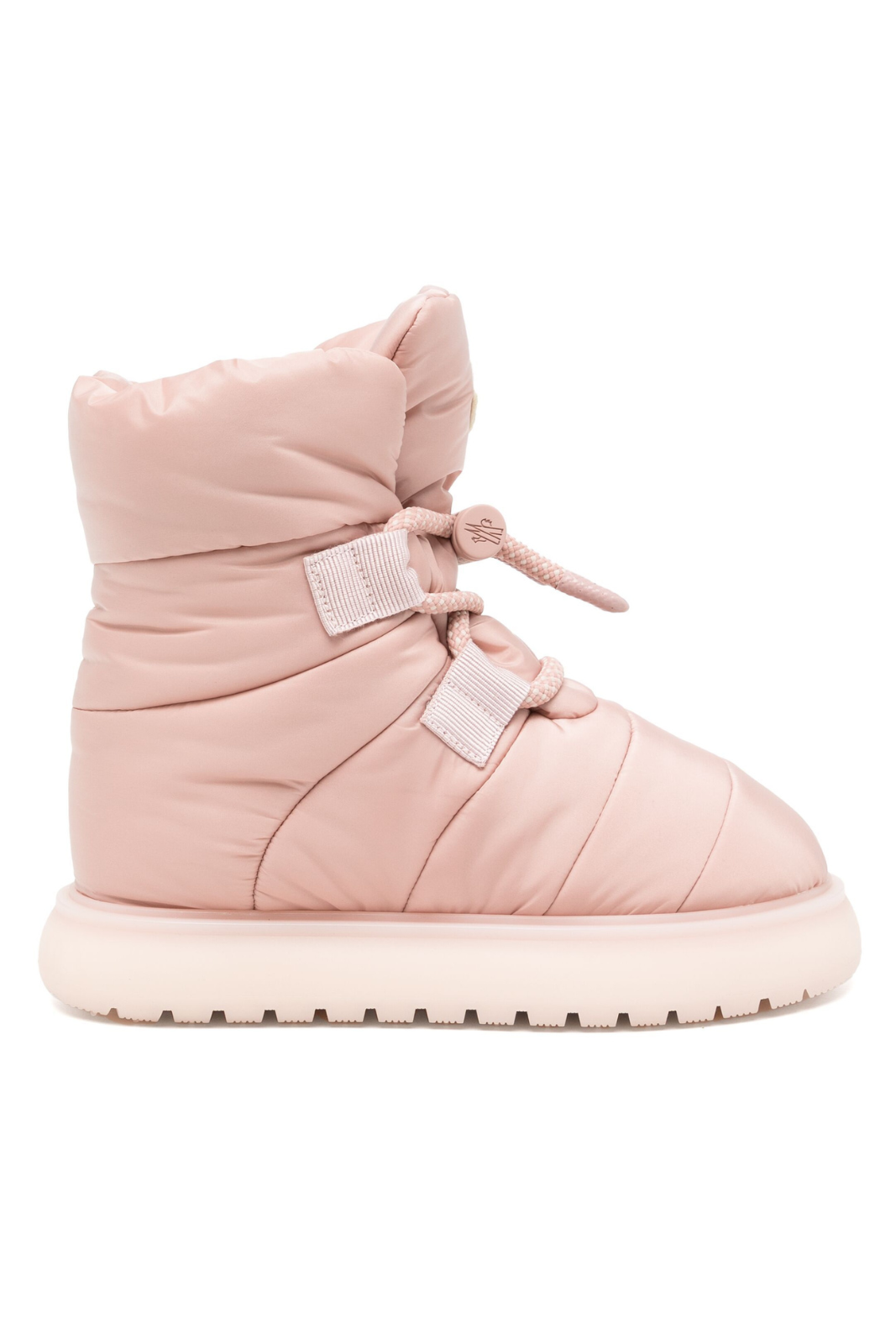 A pair of pink Moncler Conscious padded design boots with a quilted design and lace-up closure.