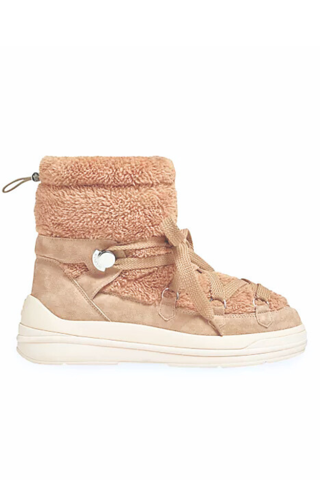 A pair of beige Moncler Insolux suede and faux fur snow boots with a round toe and lace-up closure.