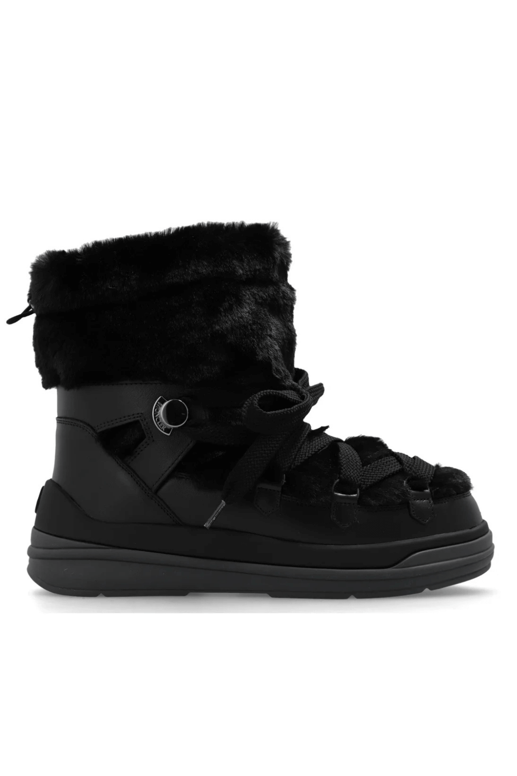 A black Moncler Insolux lace-up snow boot featuring a fur lining at the top and a rubber sole.