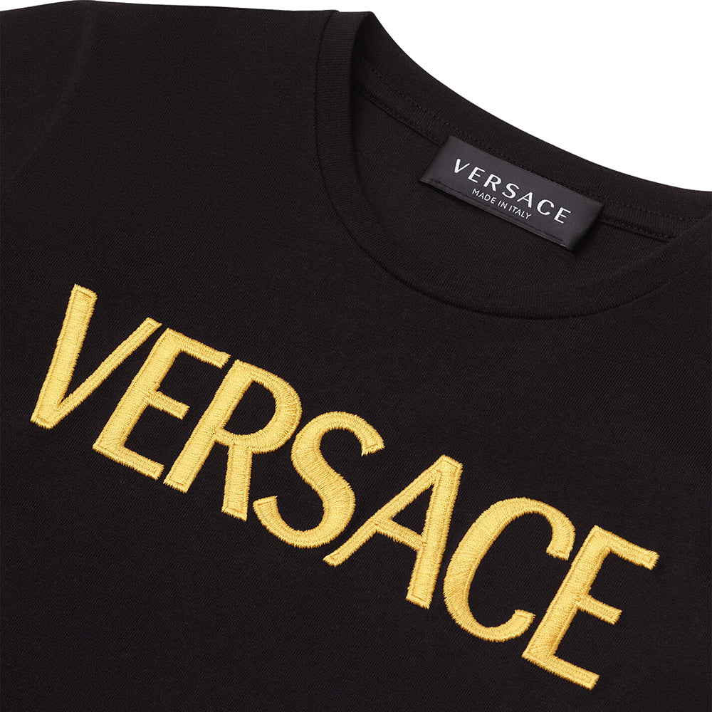 Versace Logo Embroidered  Black Orange Man T-Shirt