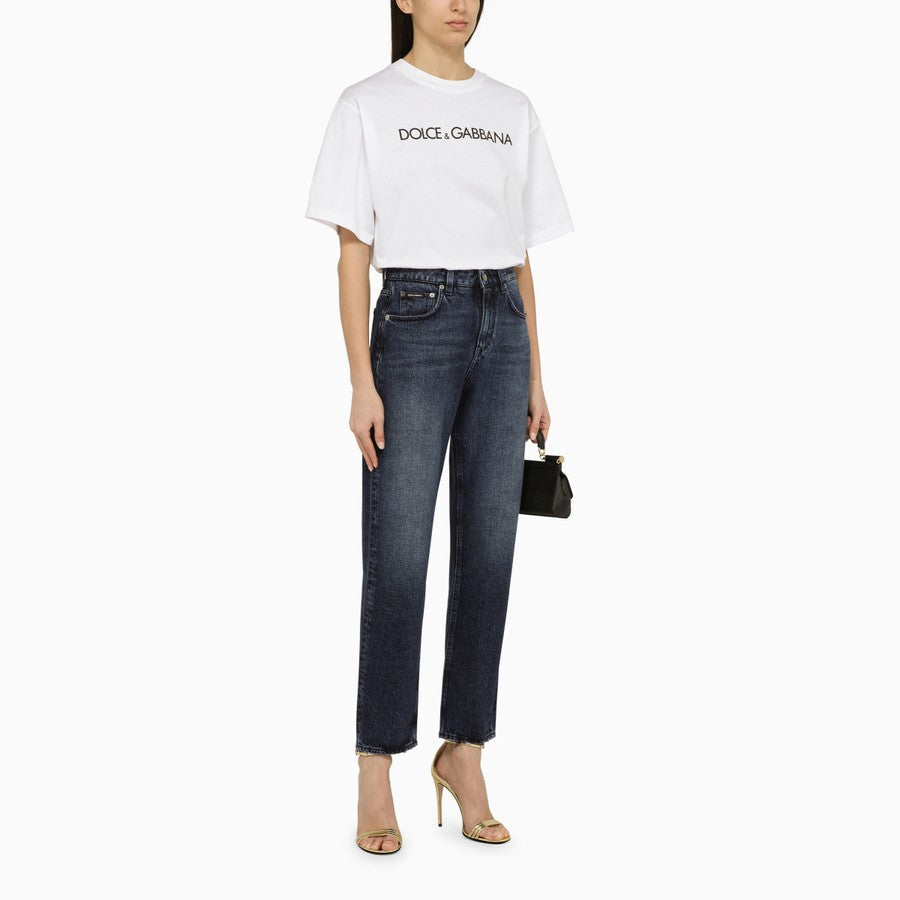 Dolce&Gabbana White crew-neck T-shirt with logo in cotton