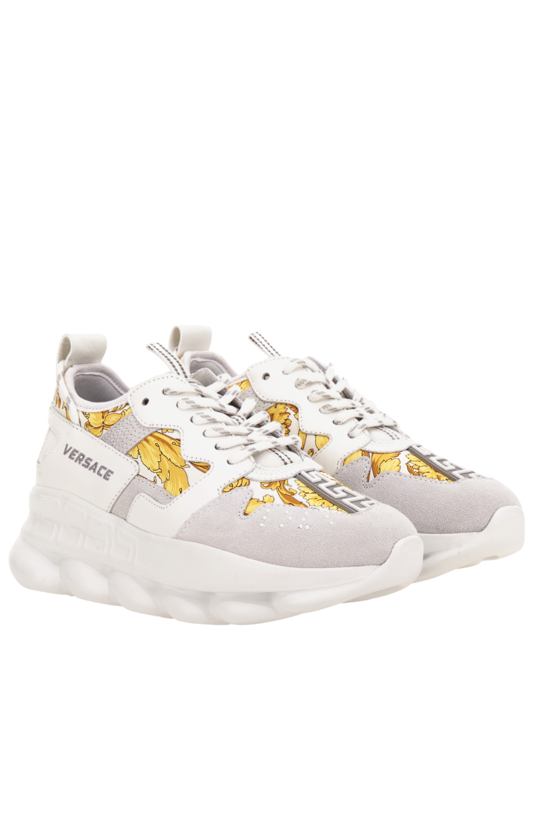 Versace Chain Reaction Sneaker In Suede-Barocco Print Fabric Woman White Gold