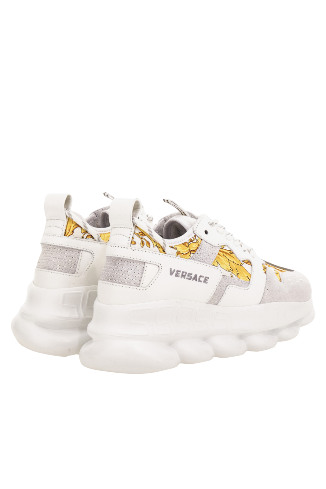 Versace Chain Reaction Sneaker In Suede-Barocco Print Fabric Woman White Gold