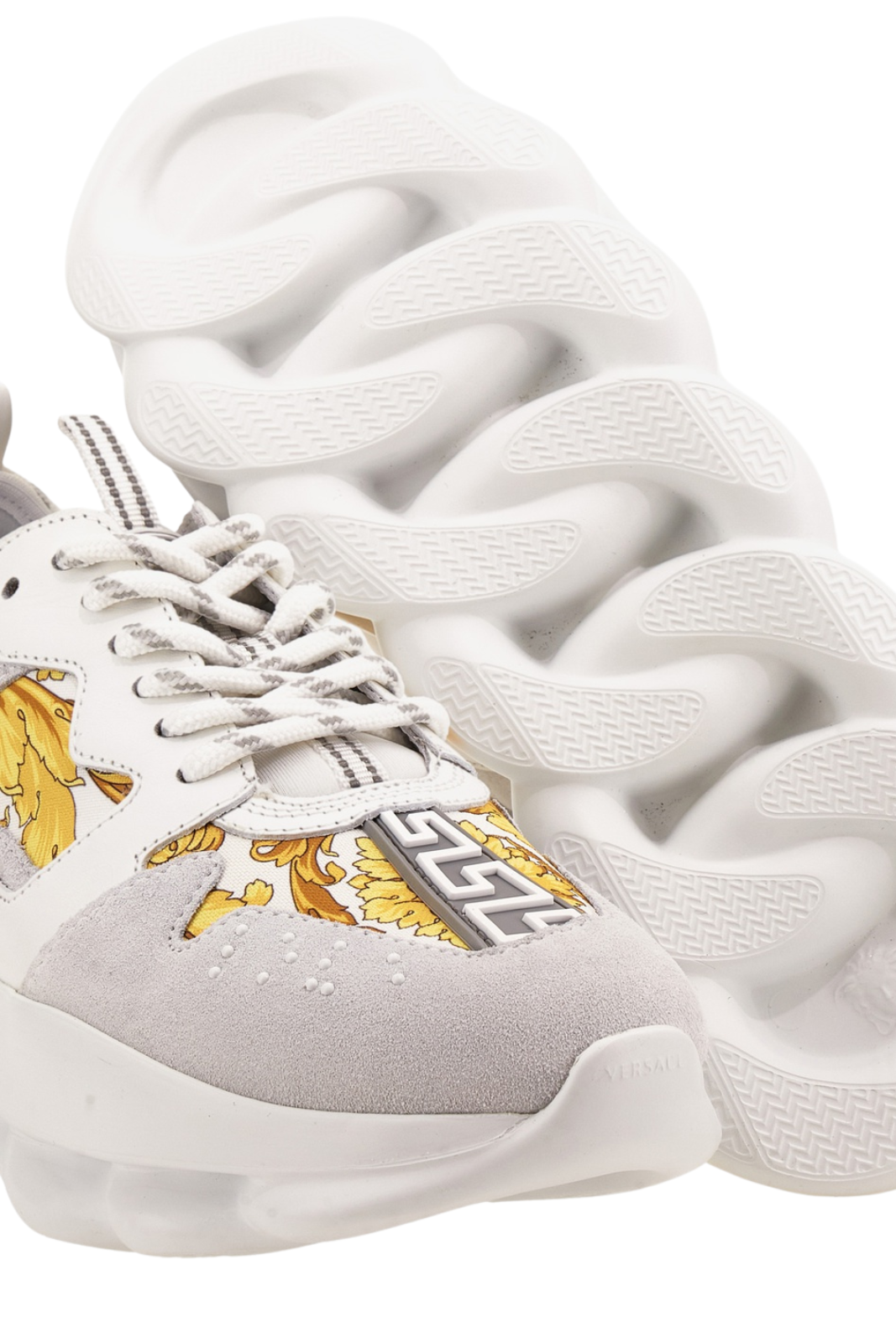 Versace Chain Reaction Sneaker In Suede-Barocco Print Fabric Woman White Gold