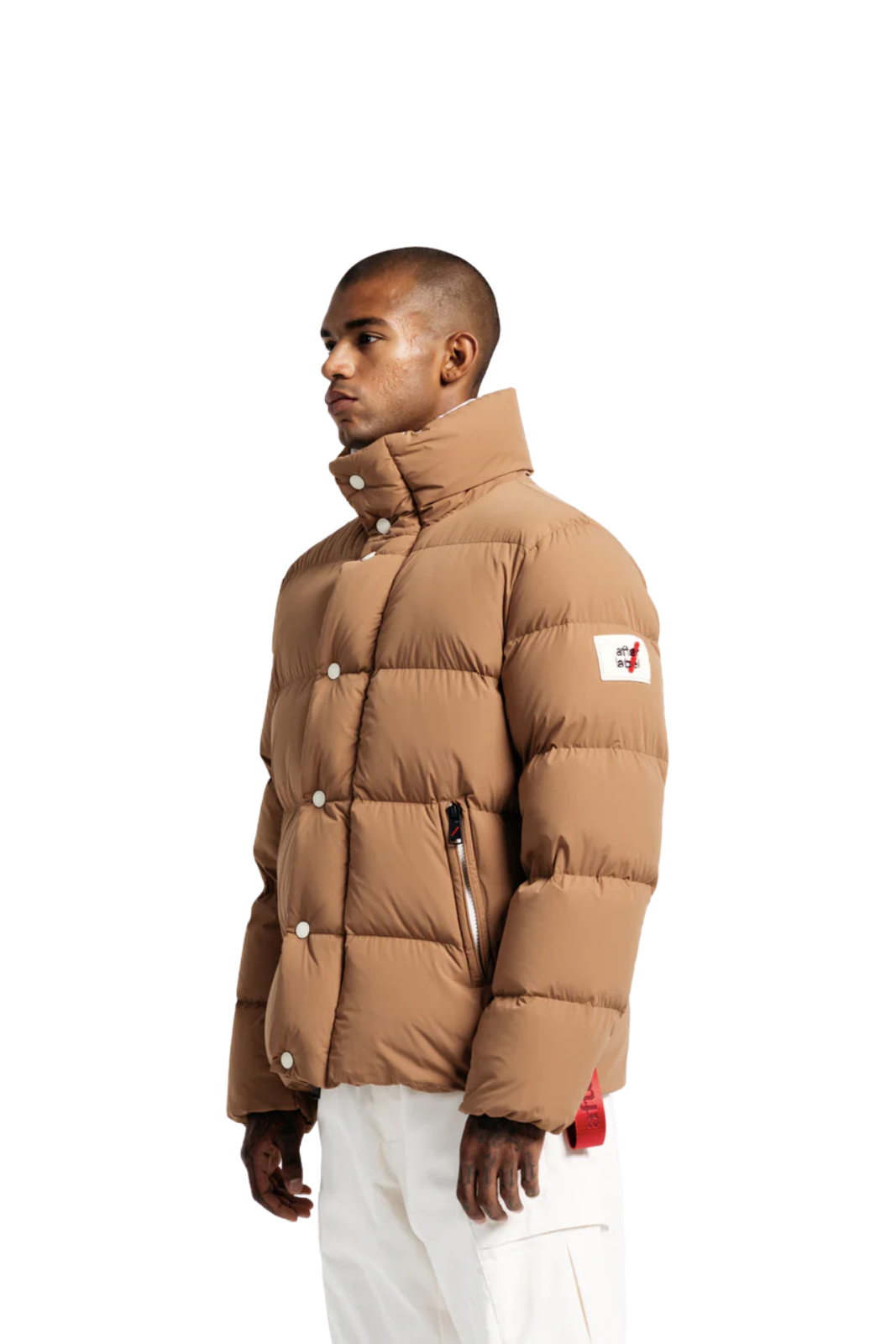 After Label Short Down Jacket with High Collar in Brown Matte Nylon