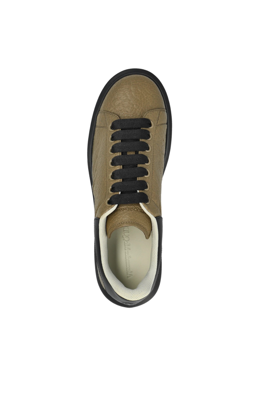 Alexander McQueen Men's Oversized Sneaker in Khaki Black, featuring a round toe, chunky black rubber sole, and a logo debossed on the toe.