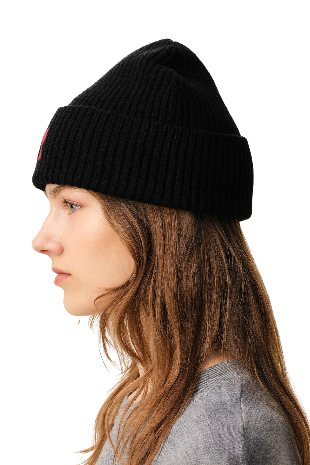 Ami Paris Black Wool Beanie With Contrasted Ami De Coeur