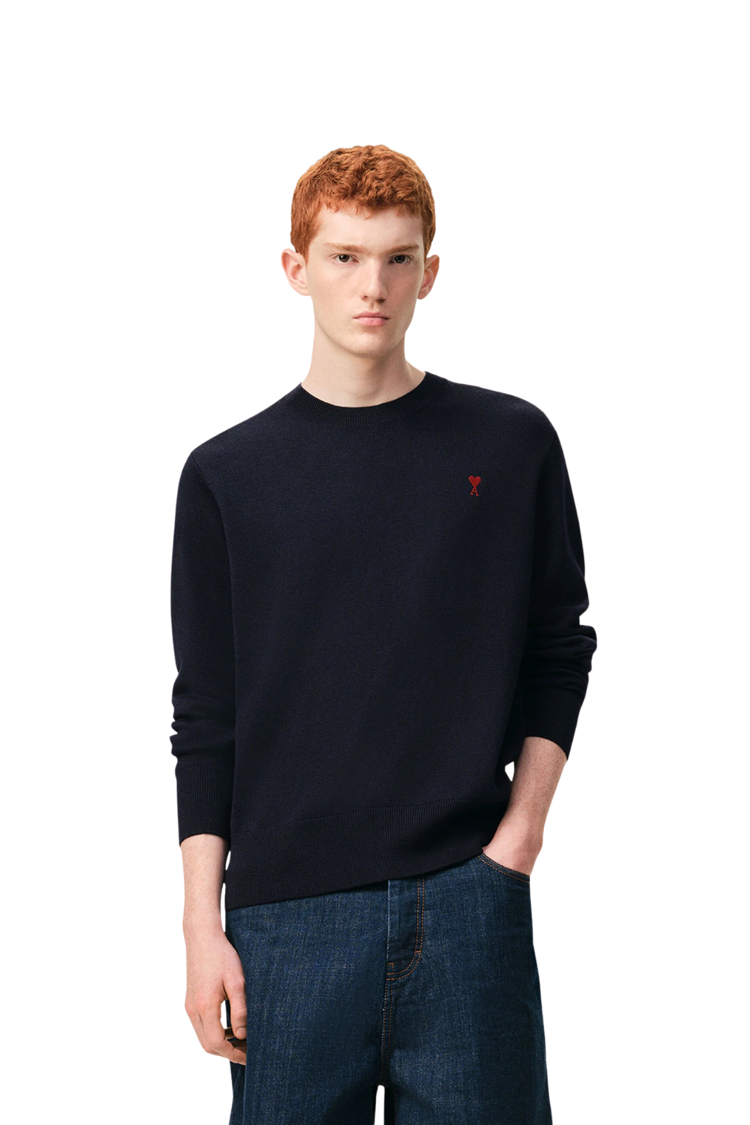 Ami Paris Blue Wool Crewneck Sweater With Contrasted Ami De Coeur