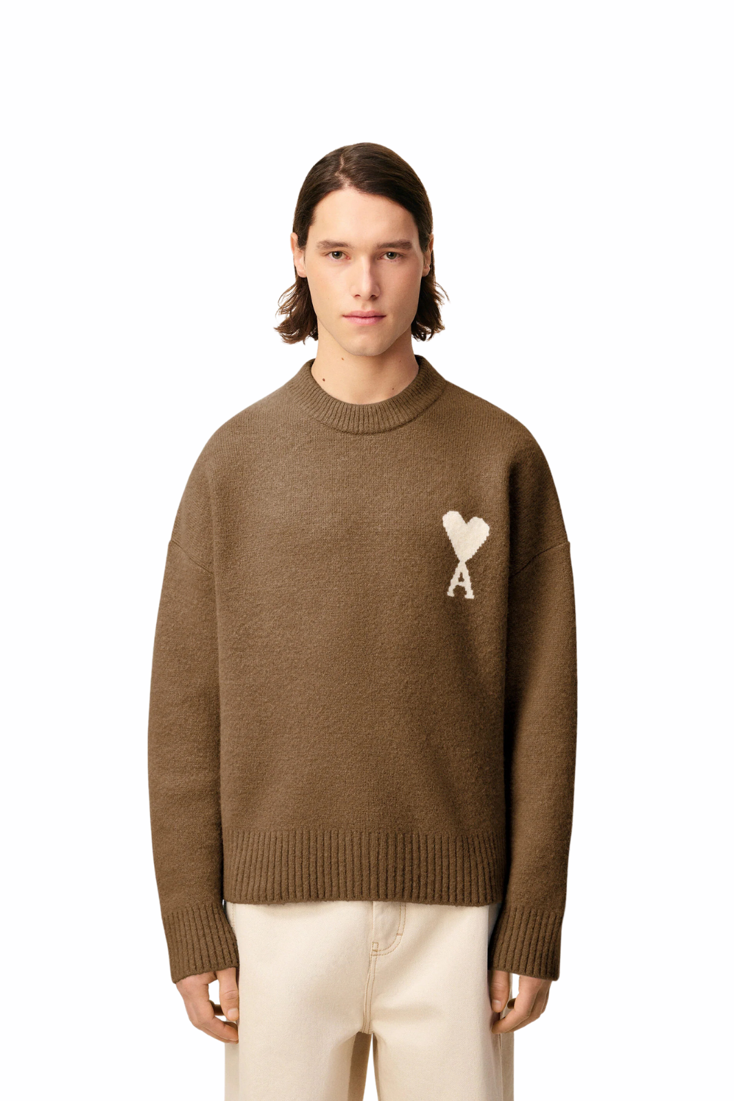 Ami Paris Brown Alpaca Ami De Coeur Crewneck Sweater