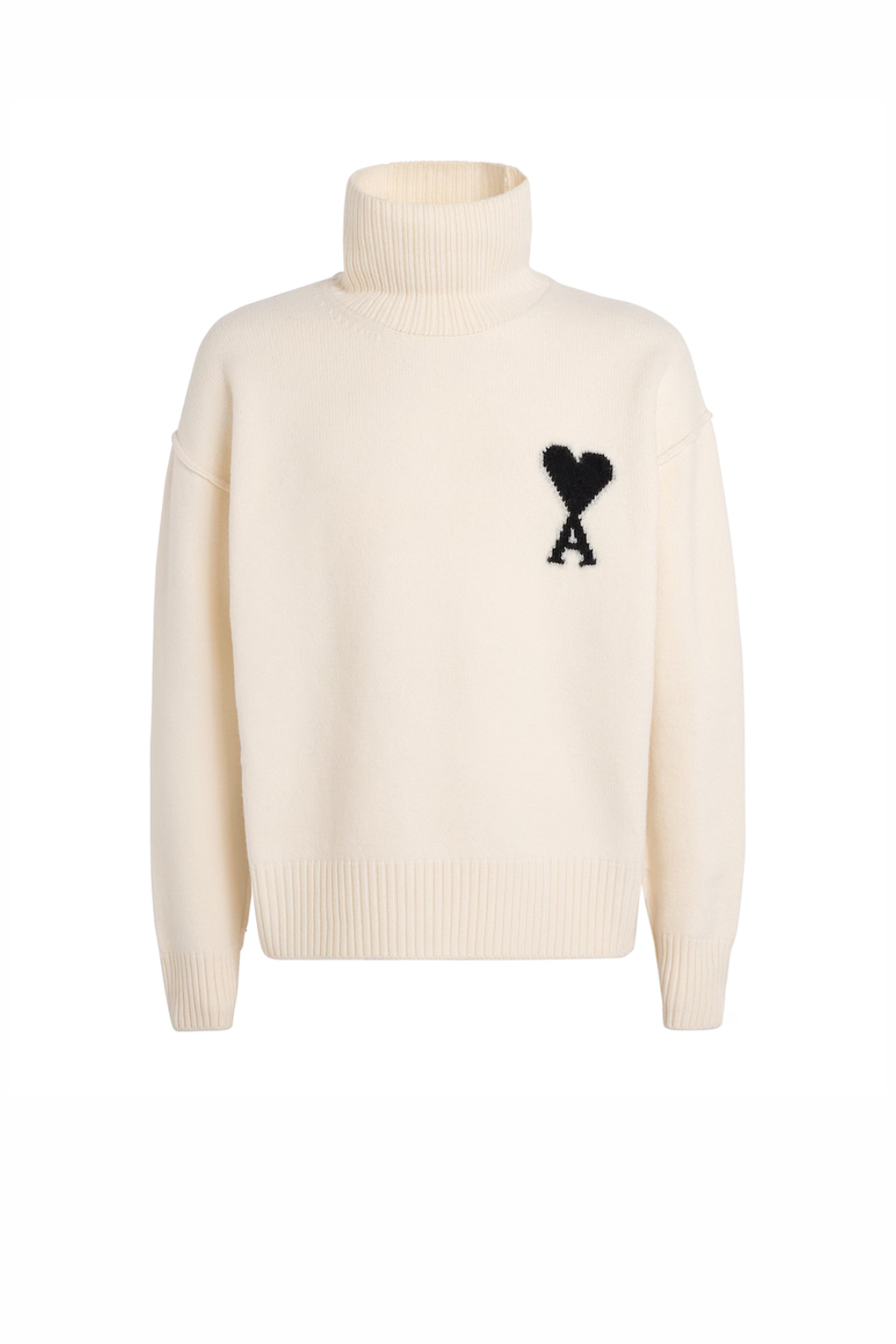 Ami Paris Beige Virgin Wool Ami de Coeur Funnel-Neck Sweater