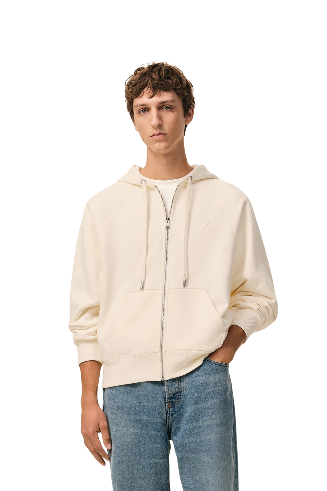 Ami Paris White Cotton Embossed Ami De Coeur Zipped Hoodie