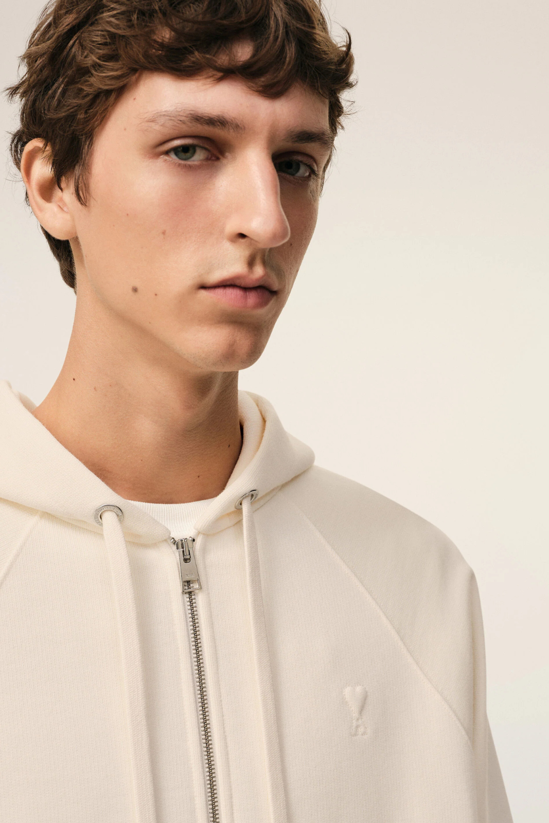 Ami Paris White Cotton Embossed Ami De Coeur Zipped Hoodie