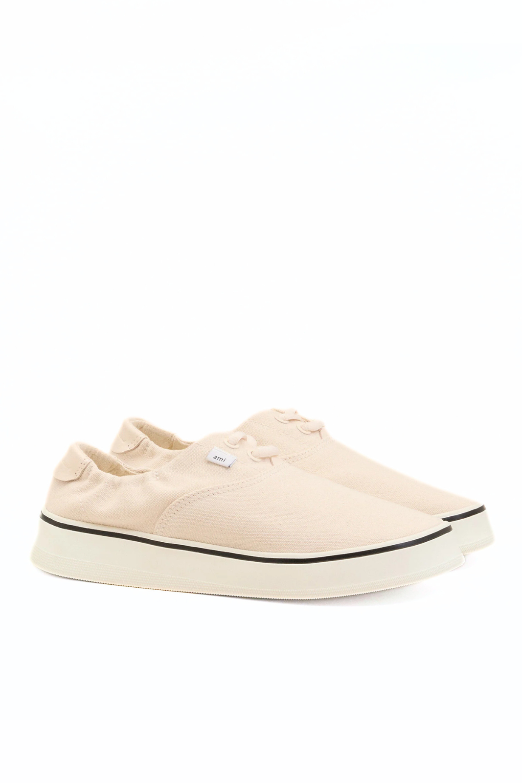 Ami Paris White Beige Cotton Tennis Sneakers in washed cotton canvas