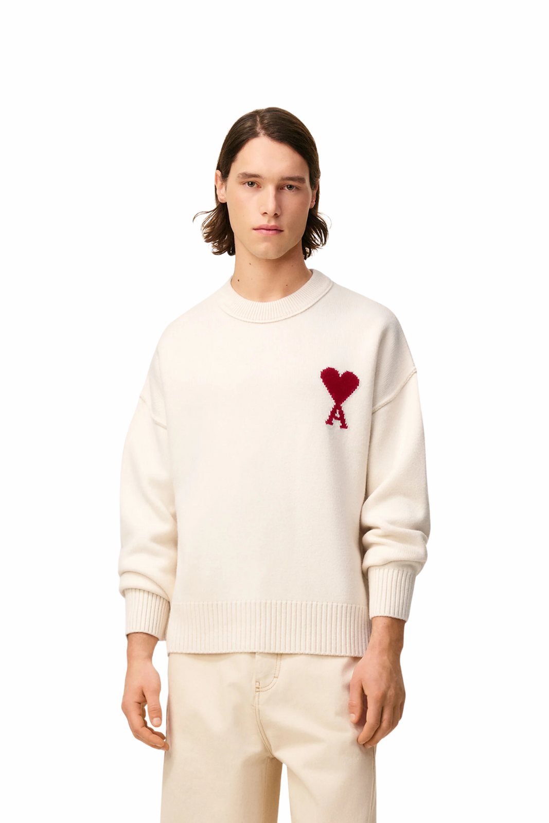 Ami Paris Permanent White Wool Ami De Coeur Crewneck Sweater