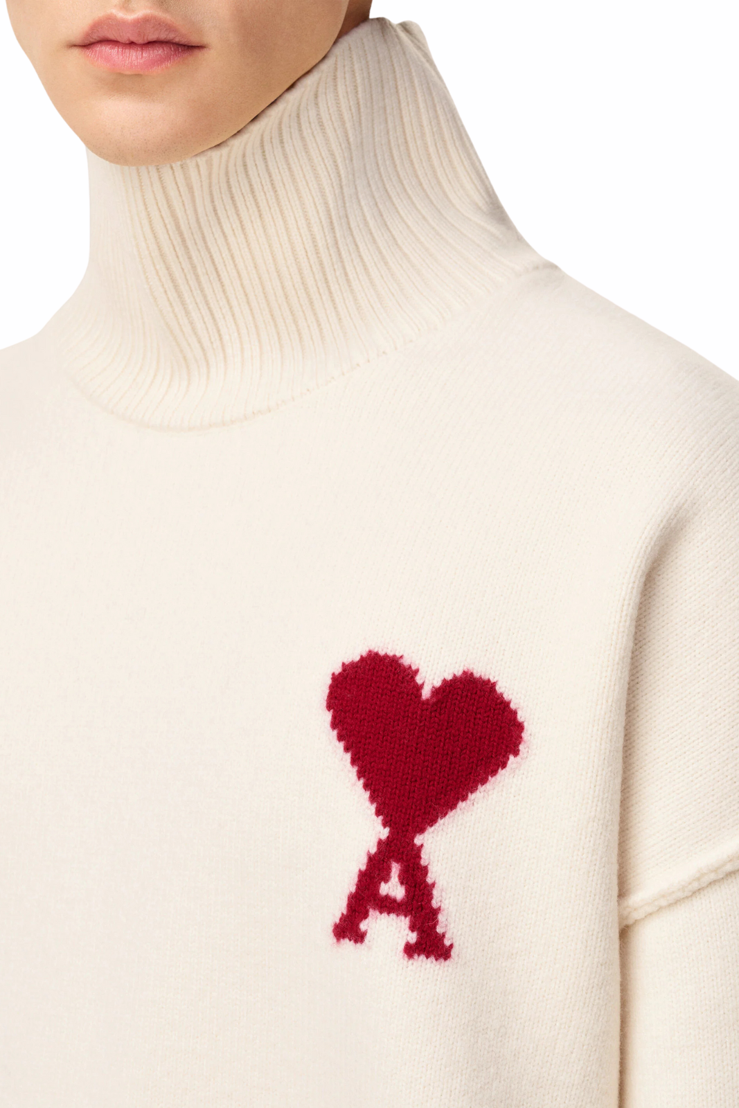 Ami Paris Permanent White Wool Ami De Coeur Funnel Neck Sweater