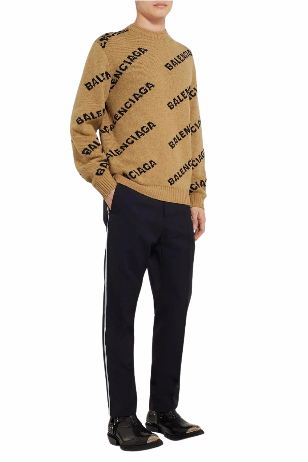 Balenciaga Intarsia Virgin Wool-Blend Sweater Neutrals