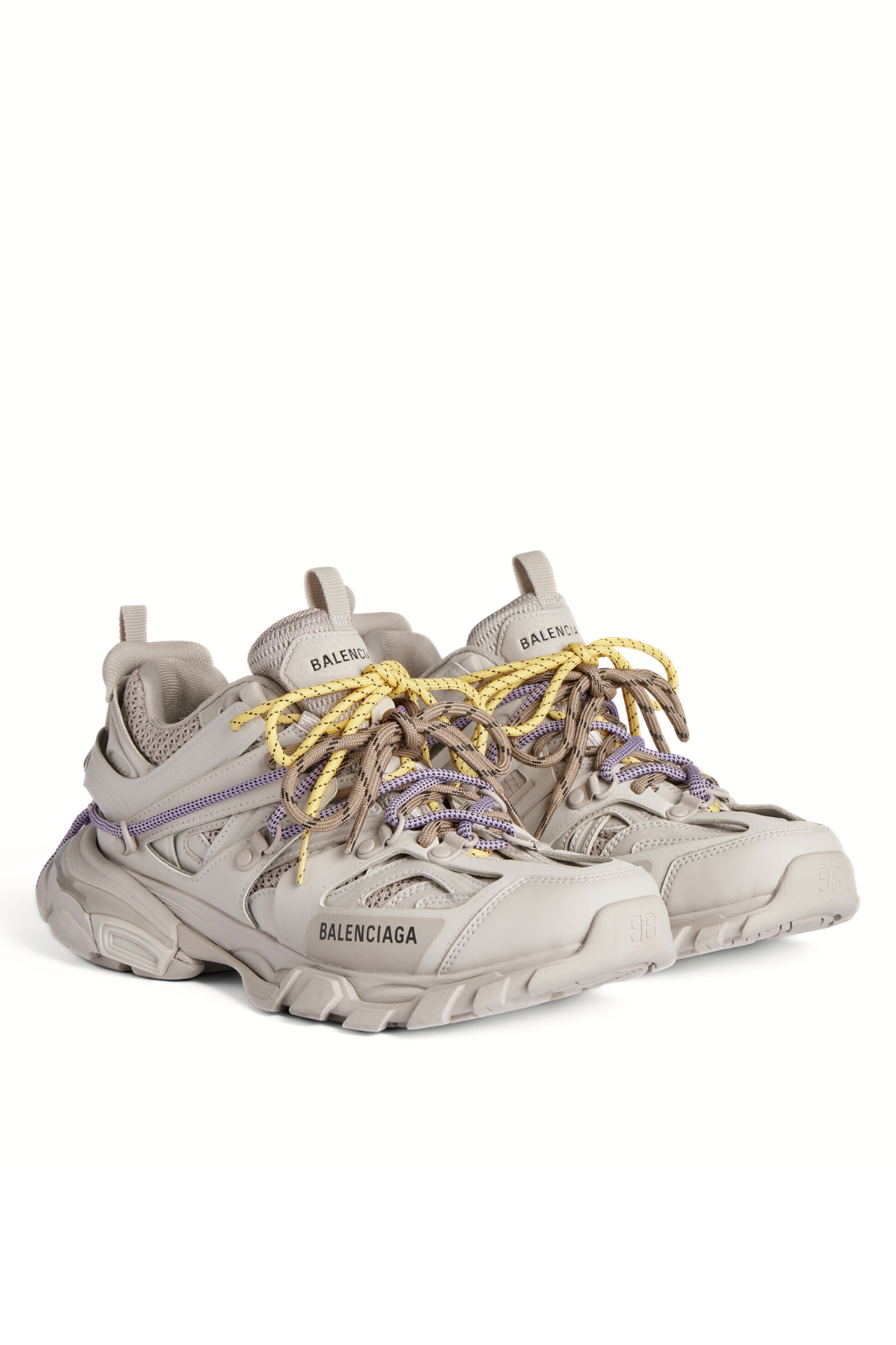 Balenciaga Track Trail Laces Trainers in taupe, yellow, purple, brown and black sneakers