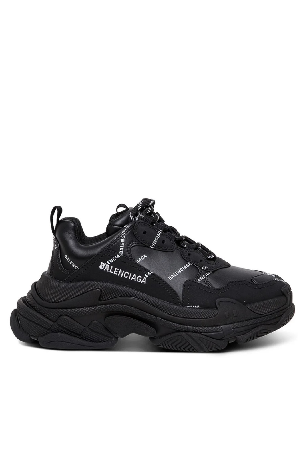 A pair of Balenciaga Triple S black sneakers with lace-up closure and brand logo visible.