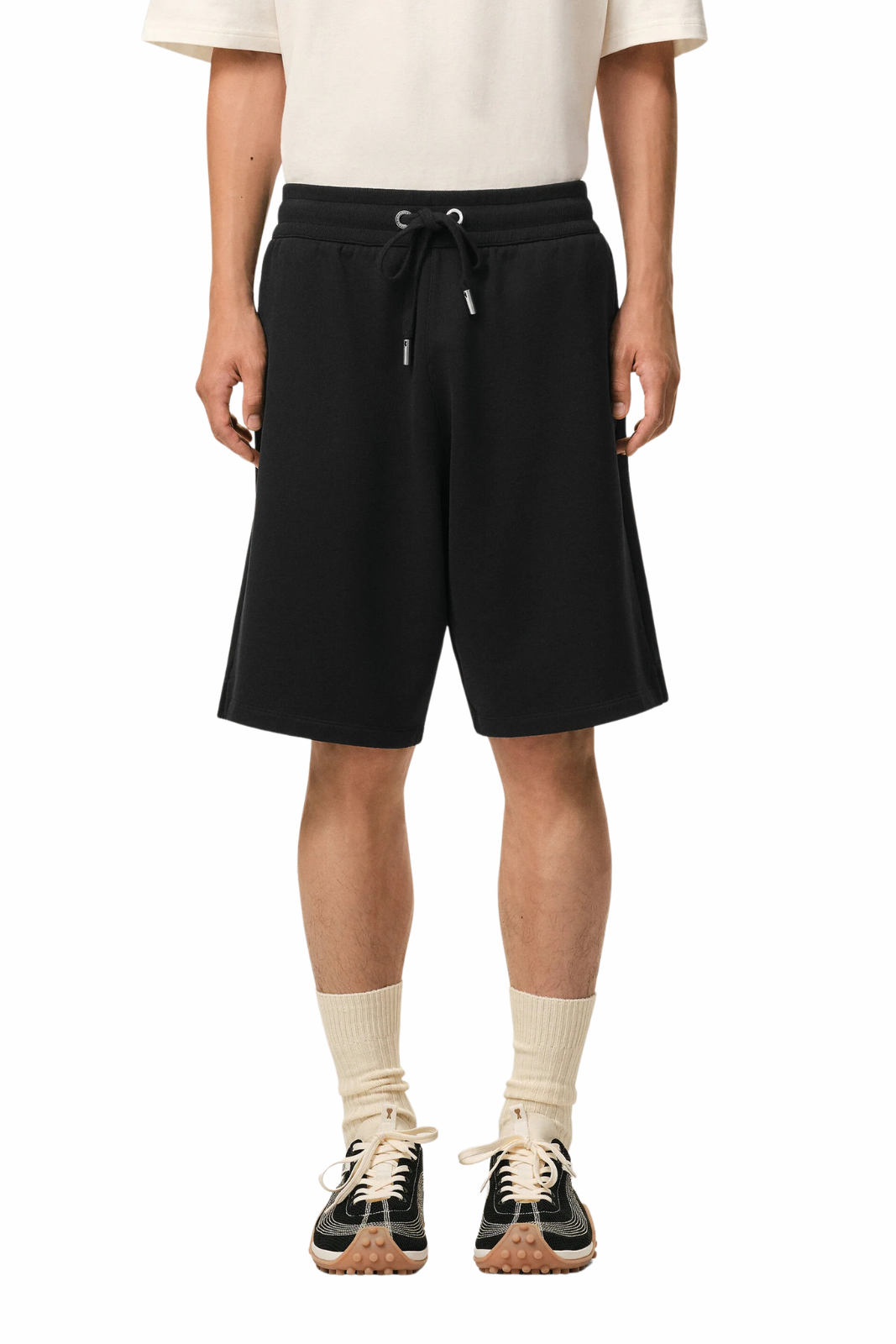 Ami Paris Black Cotton Ami De Coeur Short in a light loopback cotton fleece