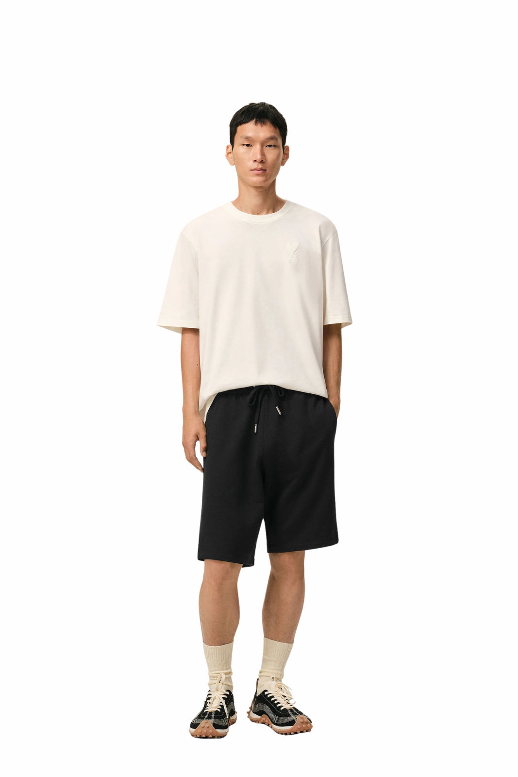 Ami Paris Black Cotton Ami De Coeur Short in a light loopback cotton fleece