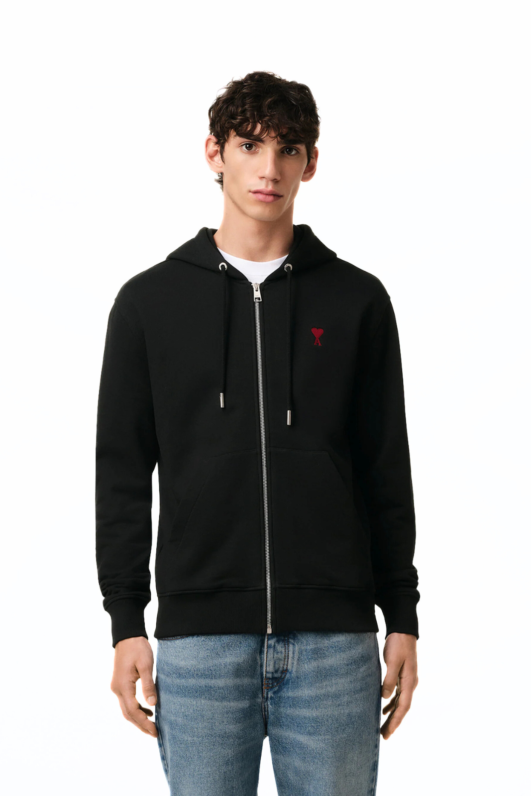 Ami Paris Black Cotton Ami de Coeur Zipped Hoodie for men