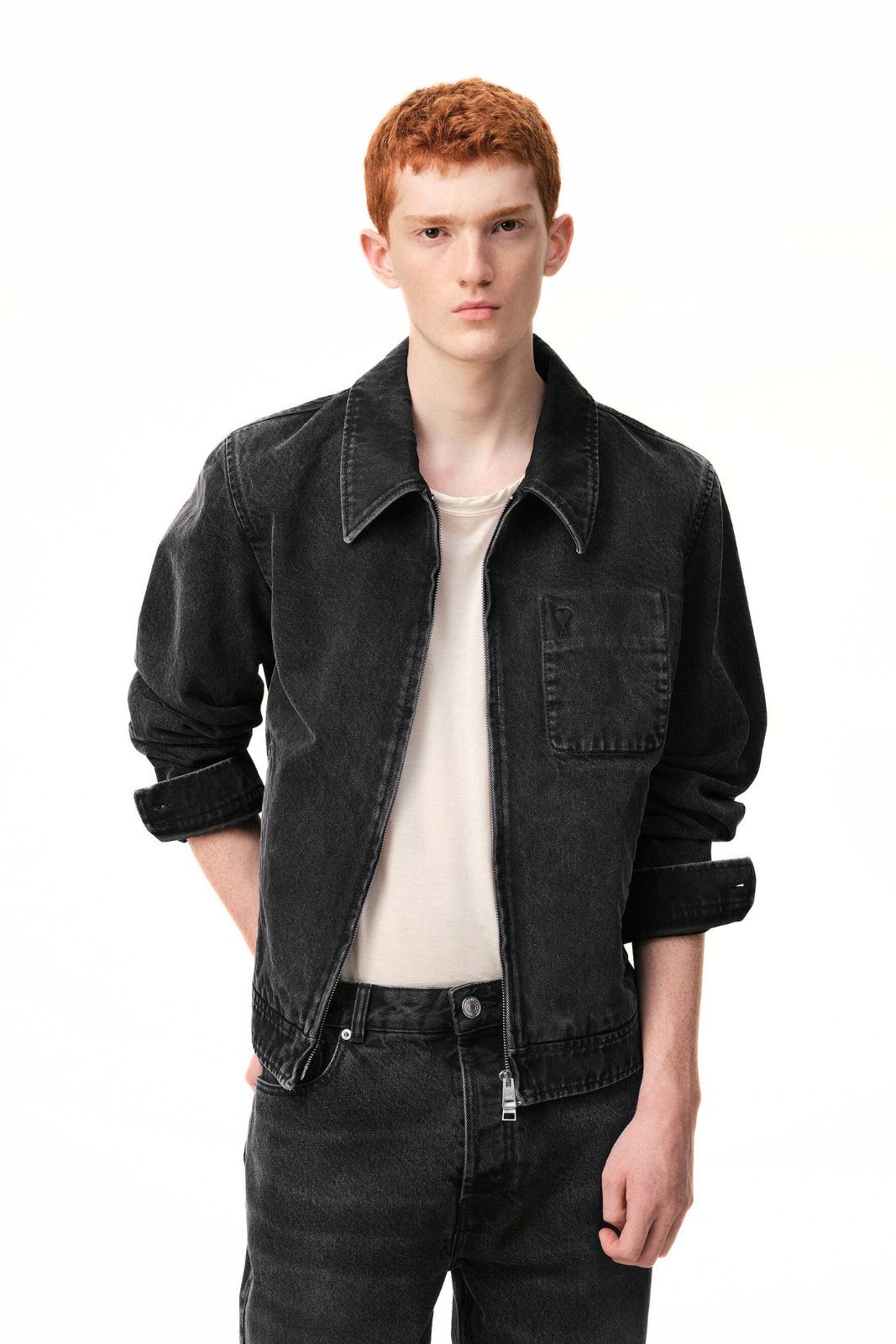 Ami Paris Black Cotton Tonal Ami De Coeur Zipped Jacket