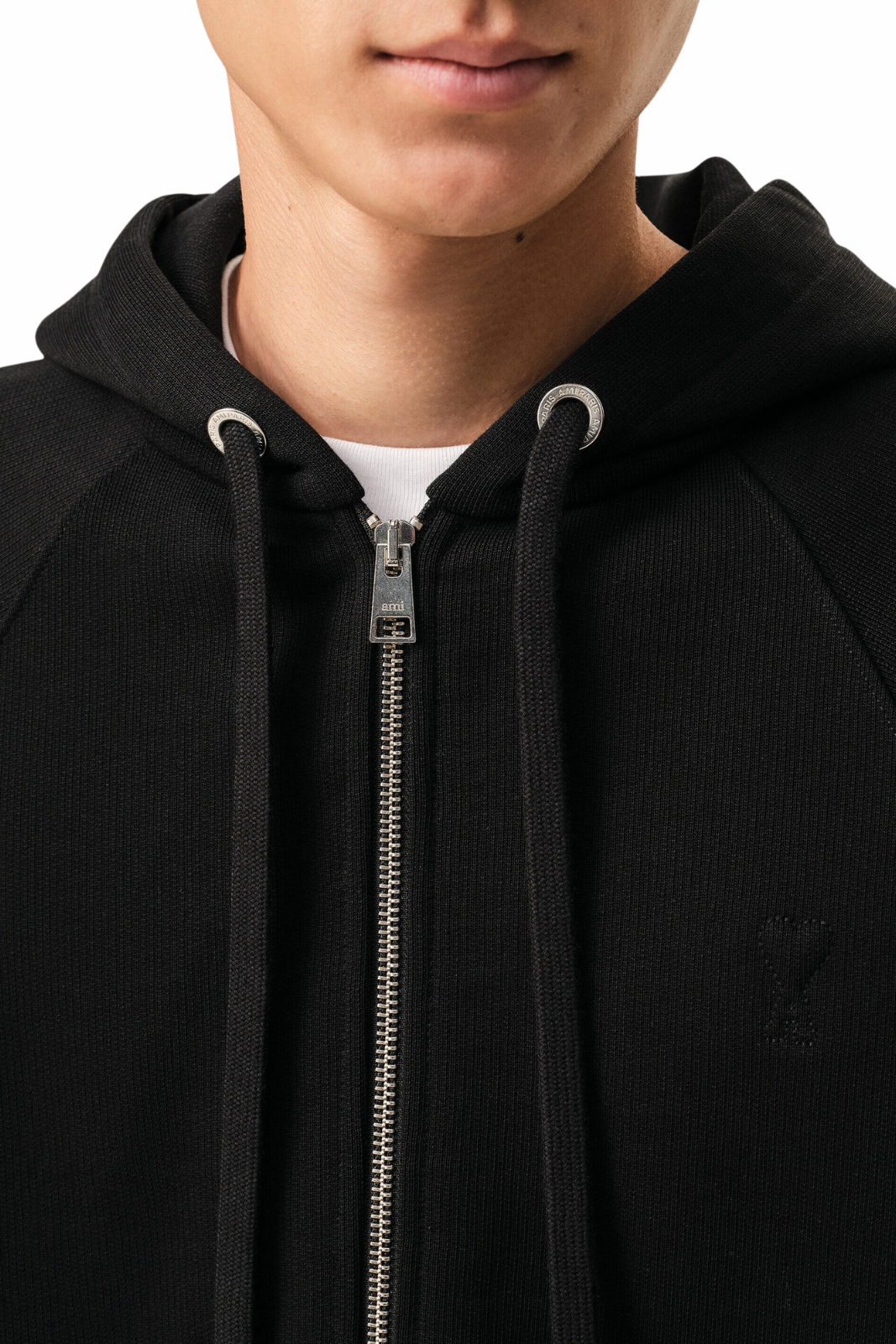 Ami Paris Black Cotton Embossed Ami De Coeur Zipped Hoodie