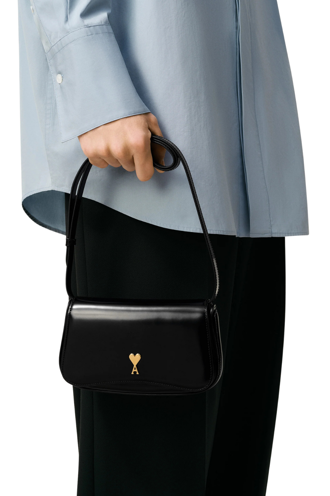 Ami Paris Black Glazed Leather Small Crossbody Paris Bag