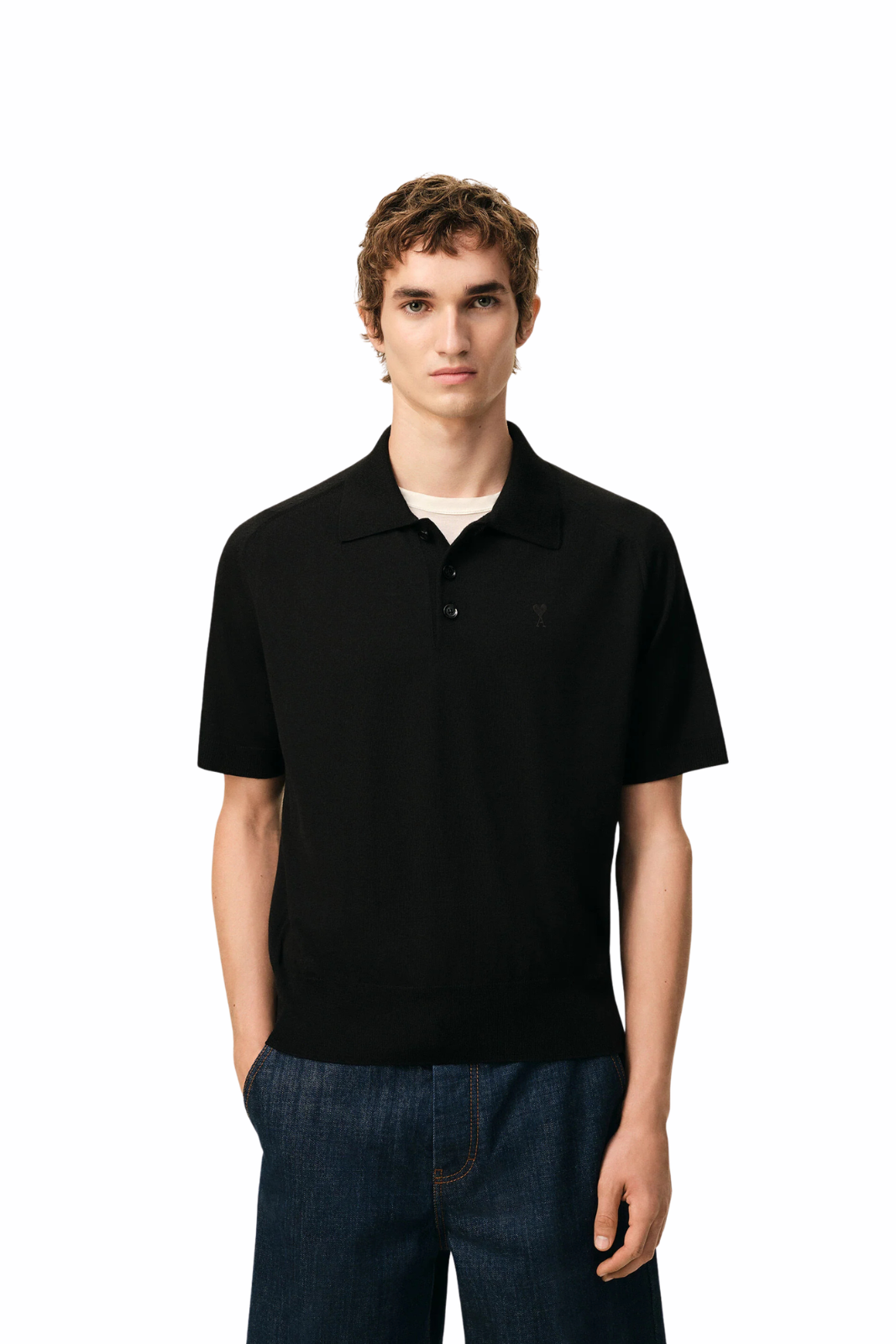 Ami Paris Black Wool Short Sleeves Ami De Coeur Polo