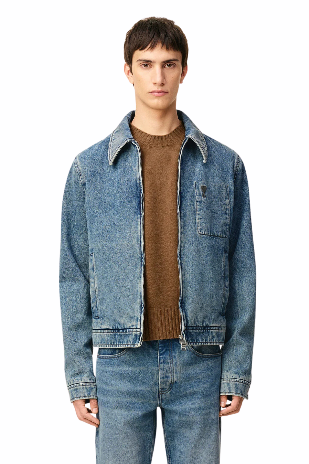 Ami Paris Blue Cotton Ami De Coeur Zipped Jacket Blue denim