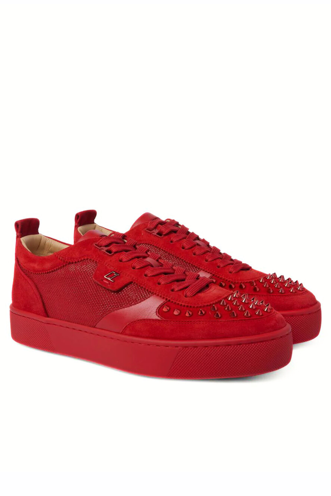 Christian Louboutin Happyrui Spiked Suede Trimmed Glittered Mesh Red low top sneakers