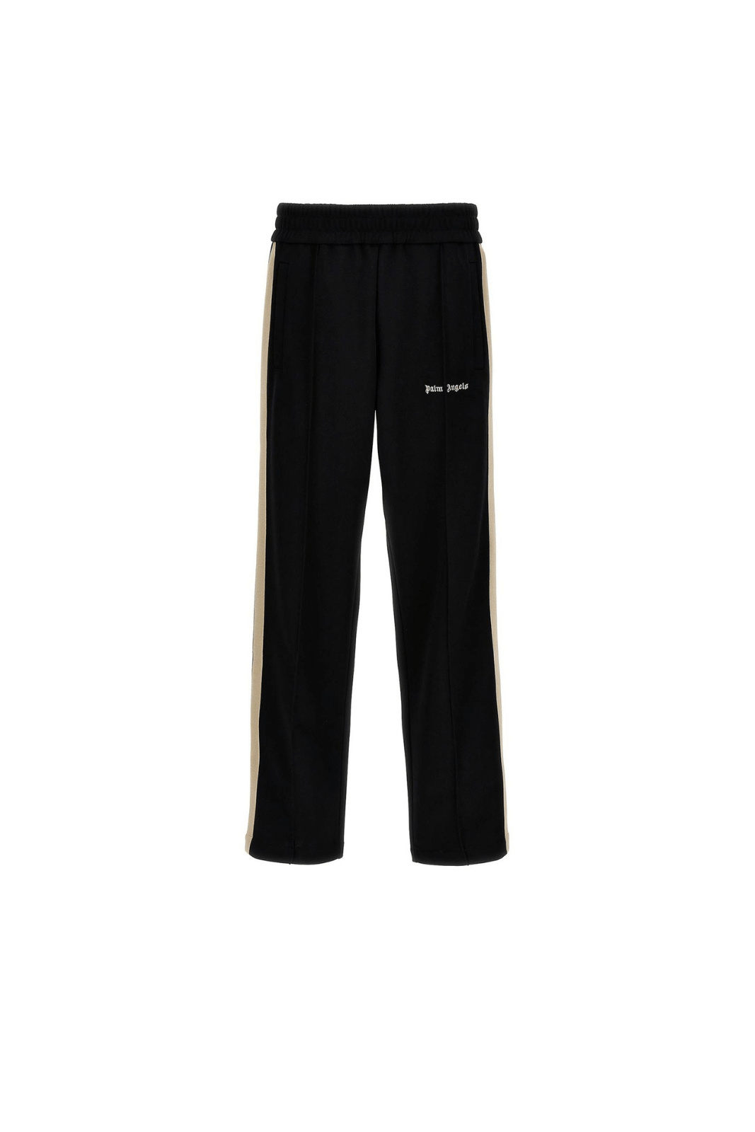 A pair of black Palm Angels track joggers with a distinctive white side band and the brand's iconic logo on the left thigh.
