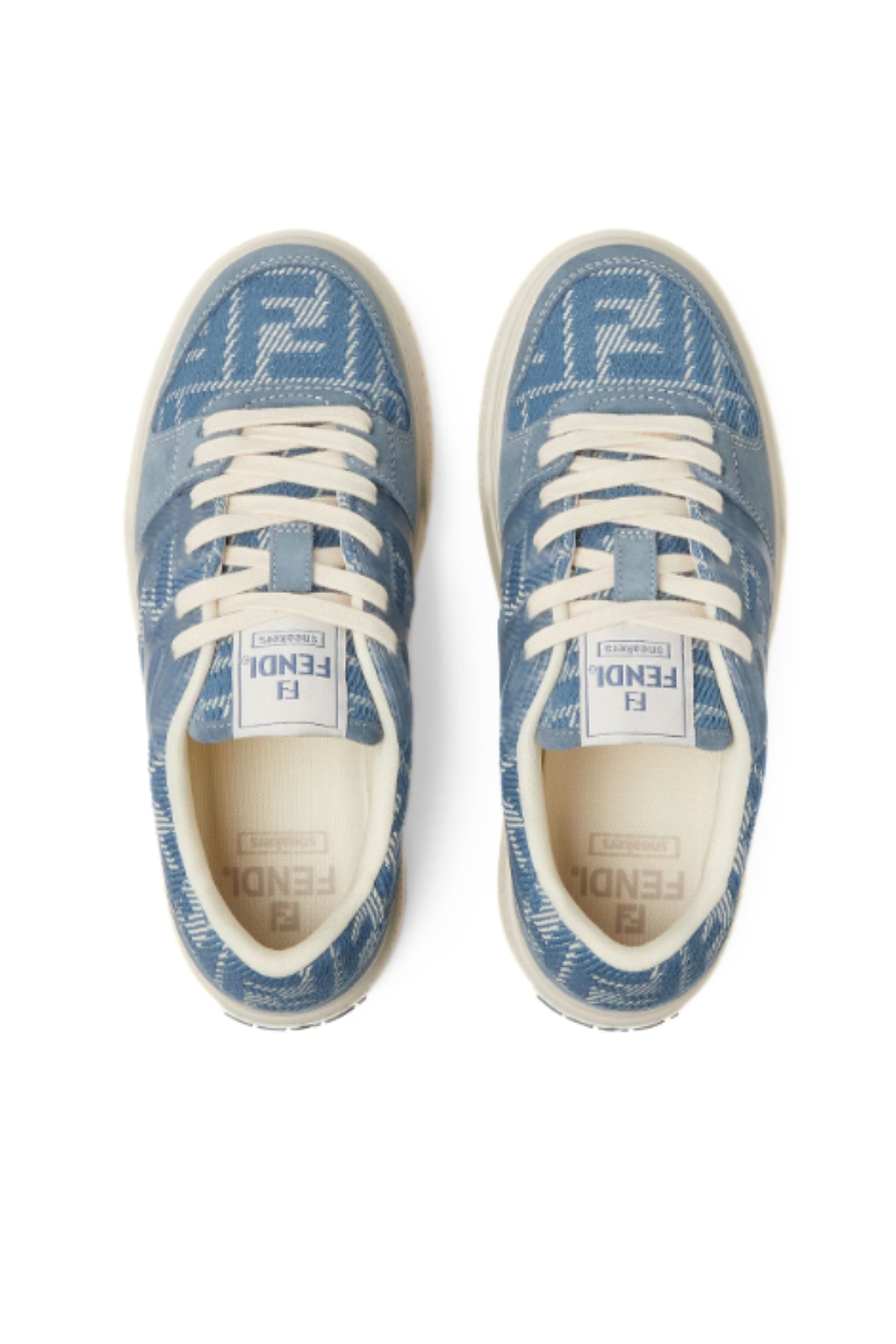 Fendi Match Denim-effect FF jacquard and light blue suede platform low tops for women