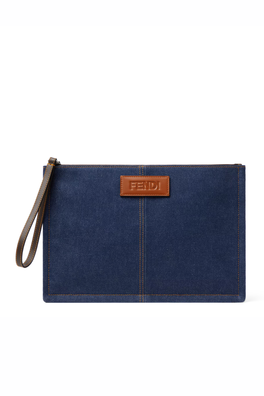 Fendi FF Medium Flat Pouch Dark blue denim fabric pouch