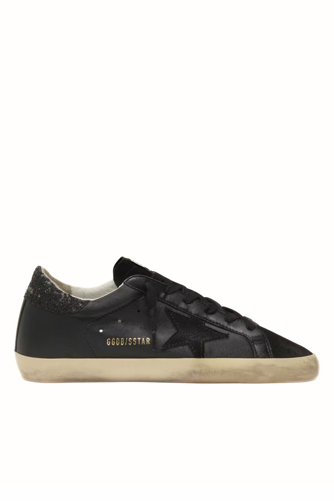 Golden Goose Women's Super-Star in black nappa with black star and glitter heel tab