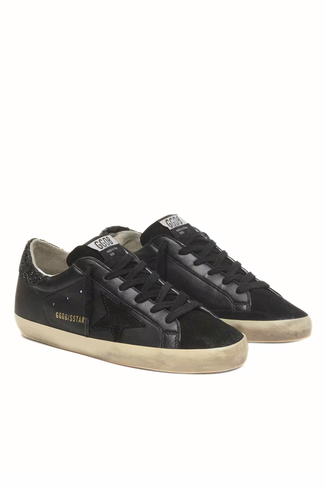 Golden Goose Women's Super-Star in black nappa with black star and glitter heel tab