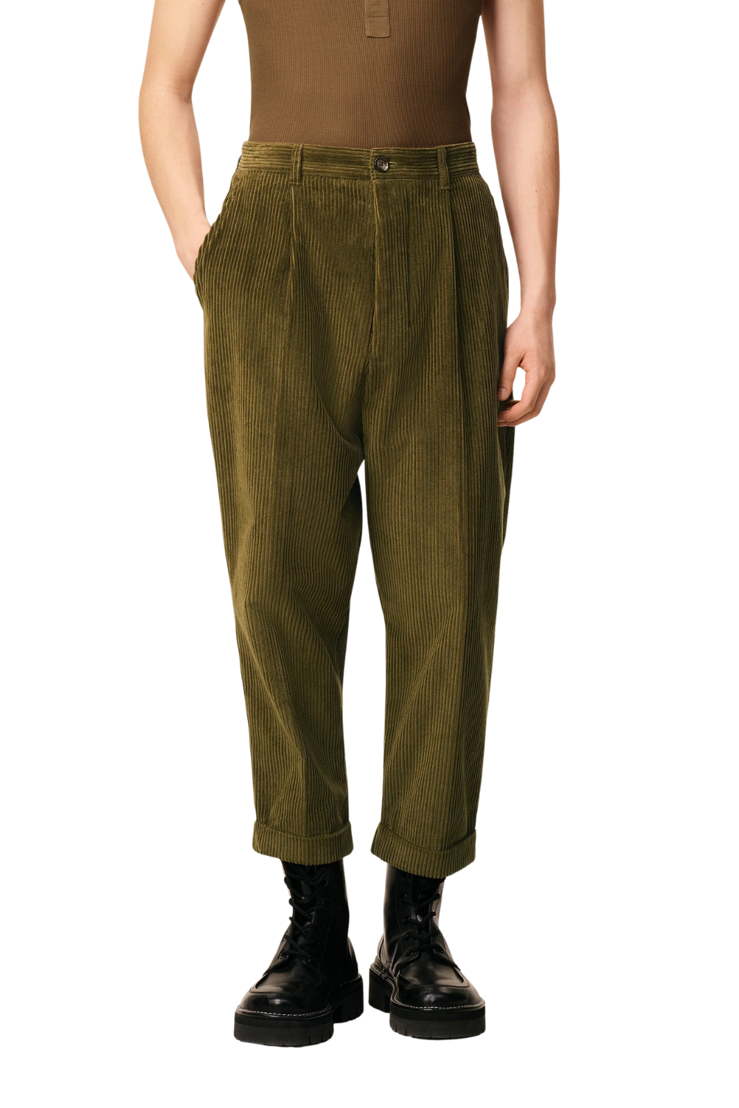 Ami Paris Green Cotton Carrot Corduroy Oversized Trousers