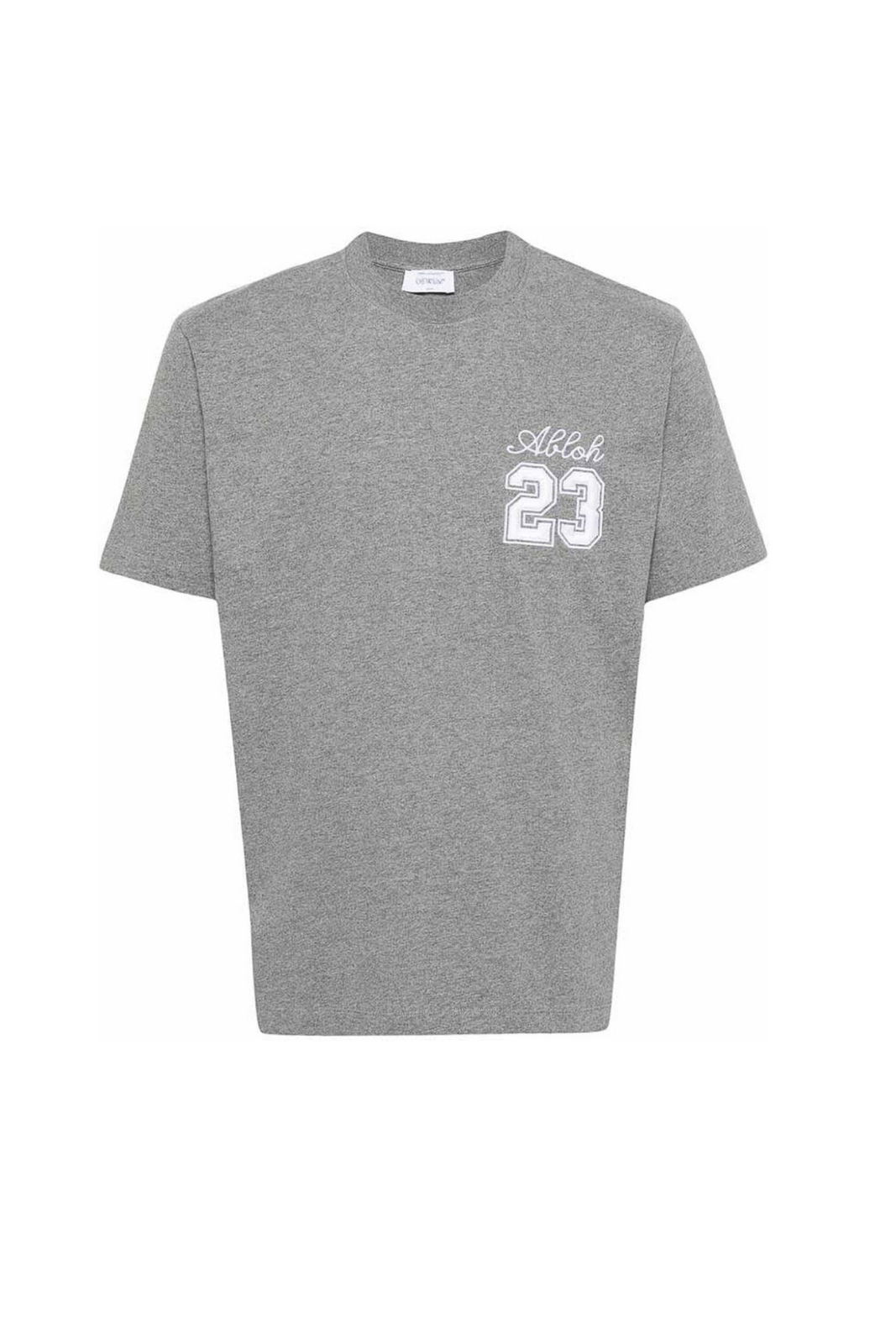 An Off-White grey logo patch t-shirt with a crew neck and short sleeves, featuring the brand's logo and the number 23.
