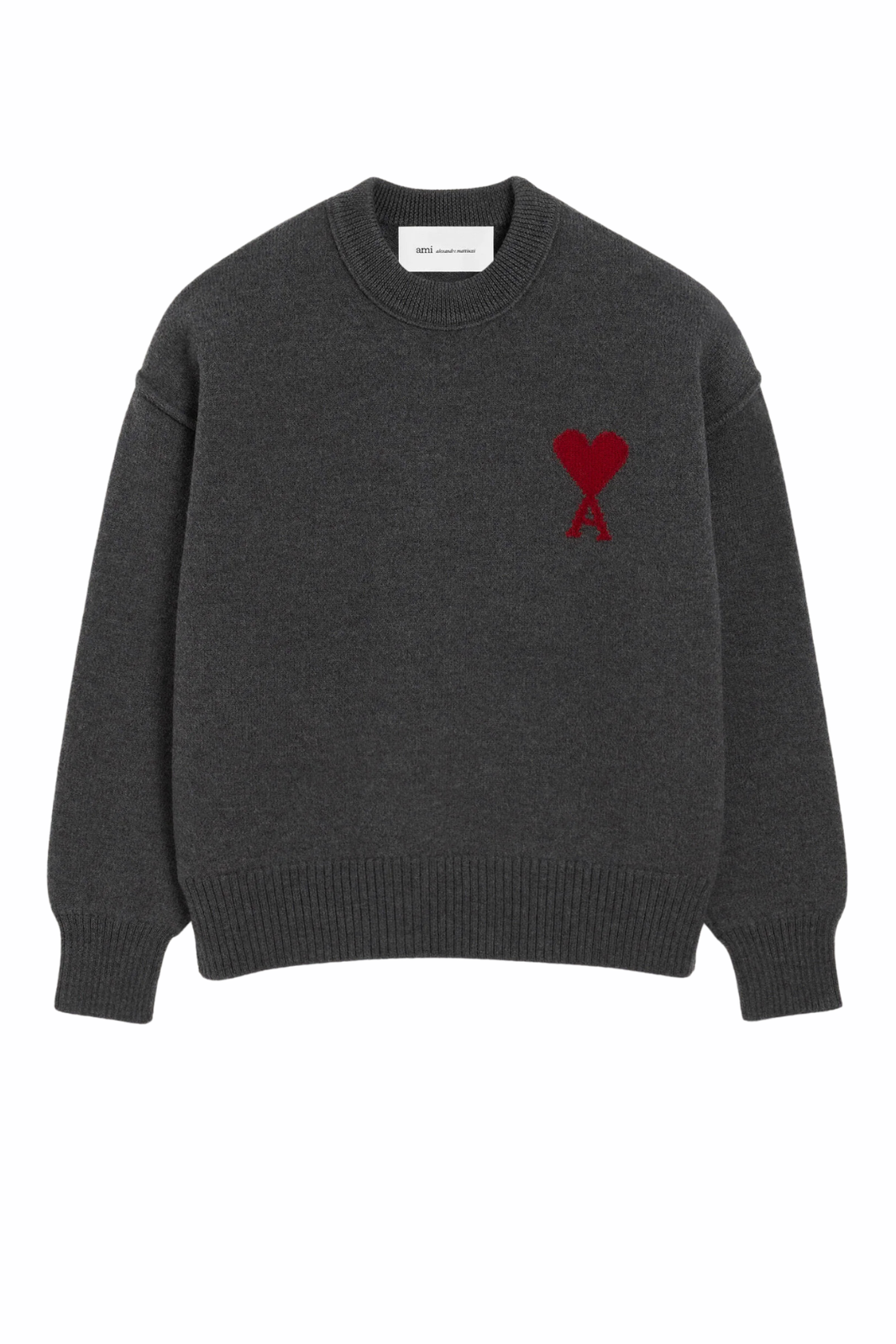 Ami Paris Grey crewneck wool sweater with Ami de Coeur