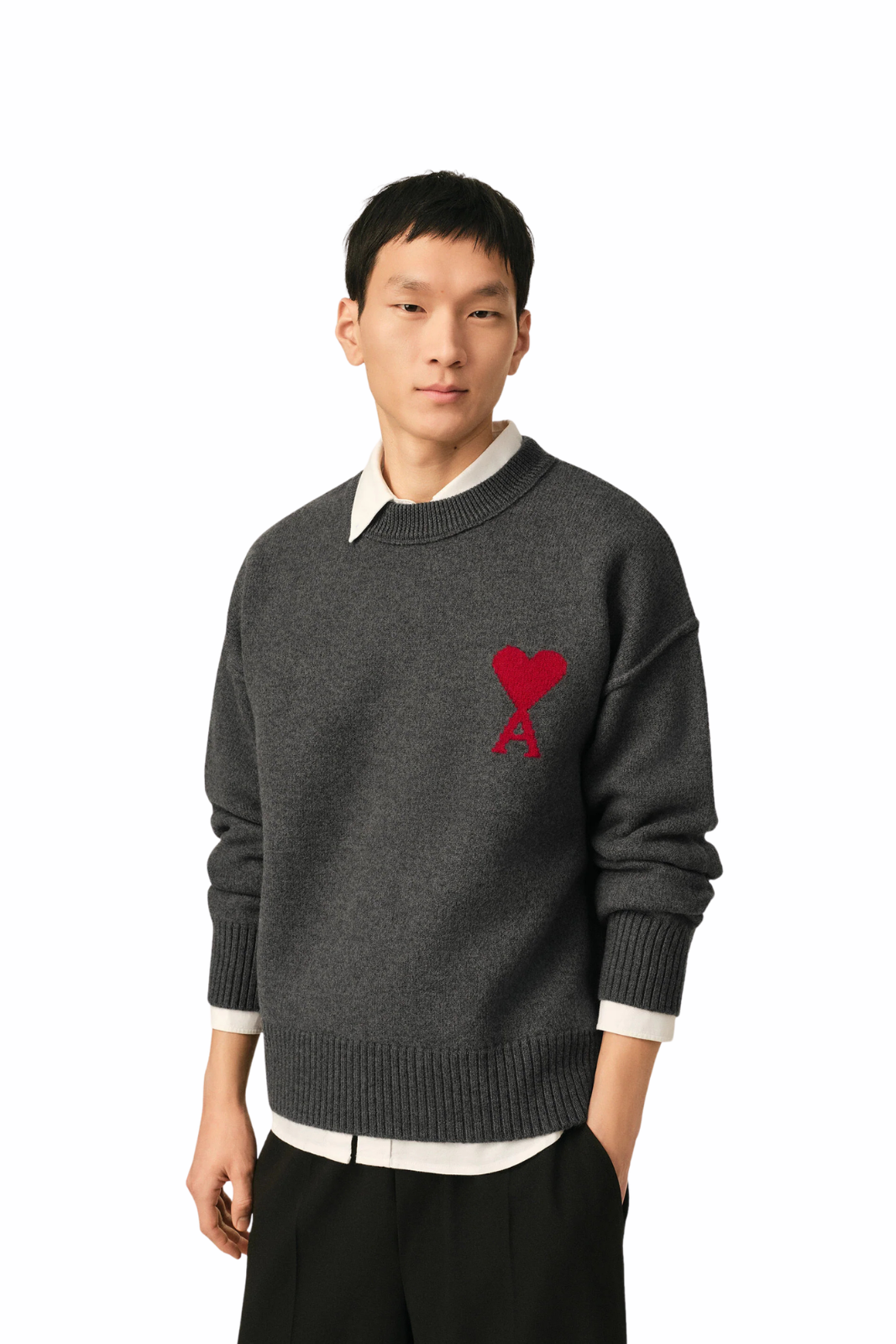 Ami Paris Grey crewneck wool sweater with Ami de Coeur