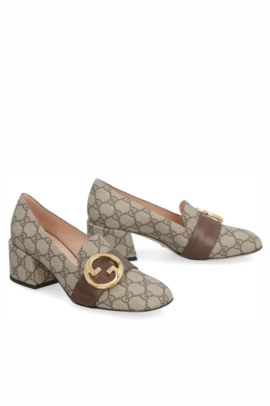 Gucci Beige Brown GG Supreme Canvas Interlocking G Pumps