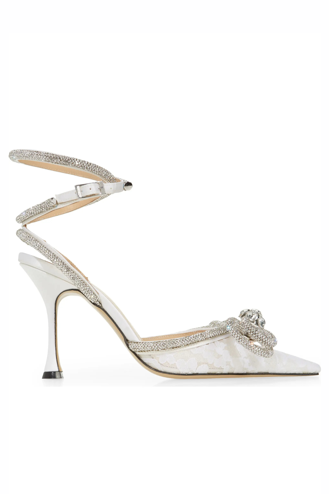 Mach & Mach Double Crystal Bow Pointed Toe Pump White Silver
