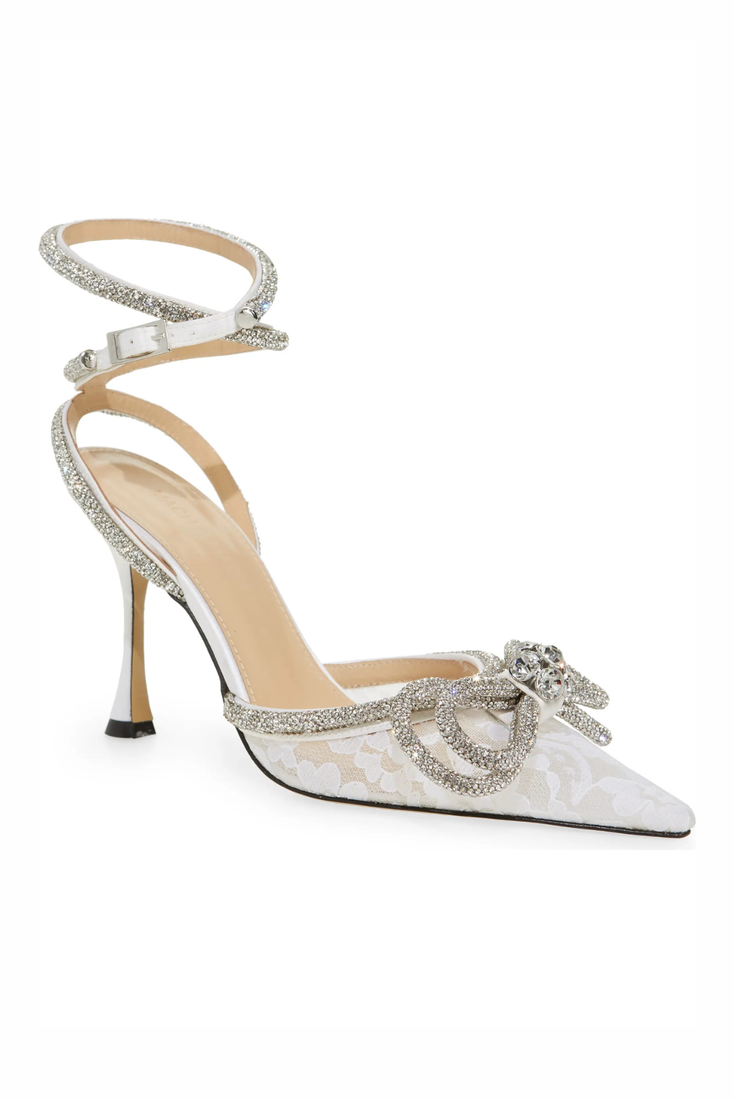 Mach & Mach Double Crystal Bow Pointed Toe Pump White Silver