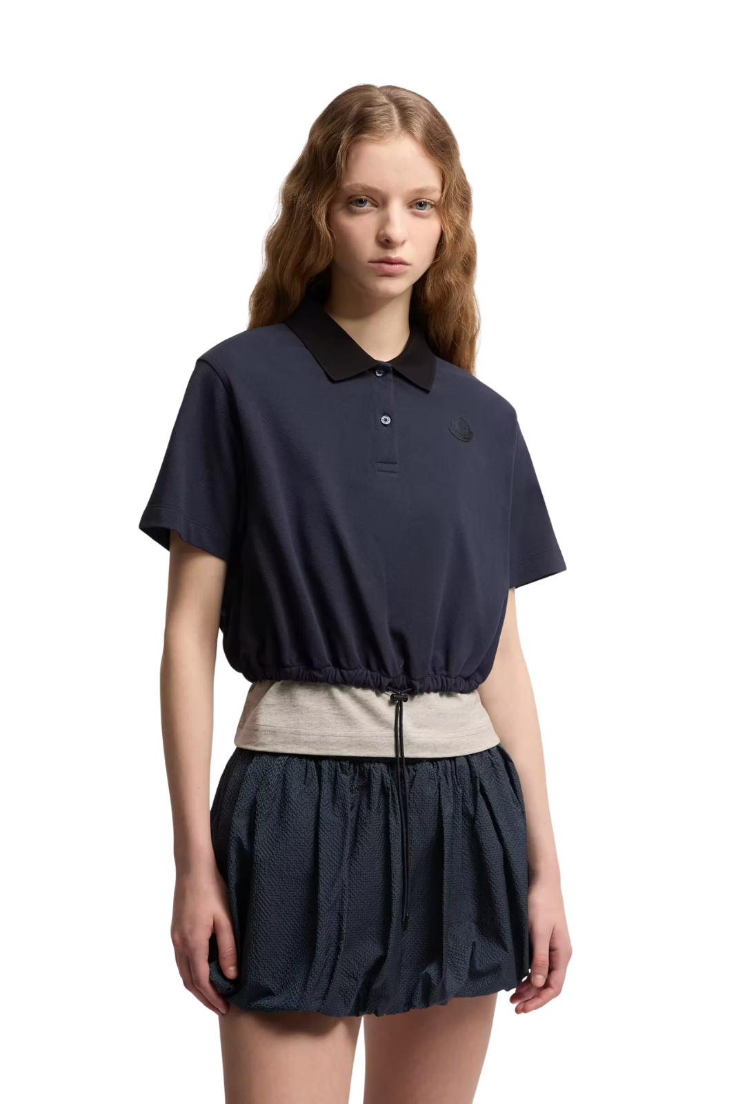 Moncler Cropped Cotton Piquet Polo Shirt Navy
