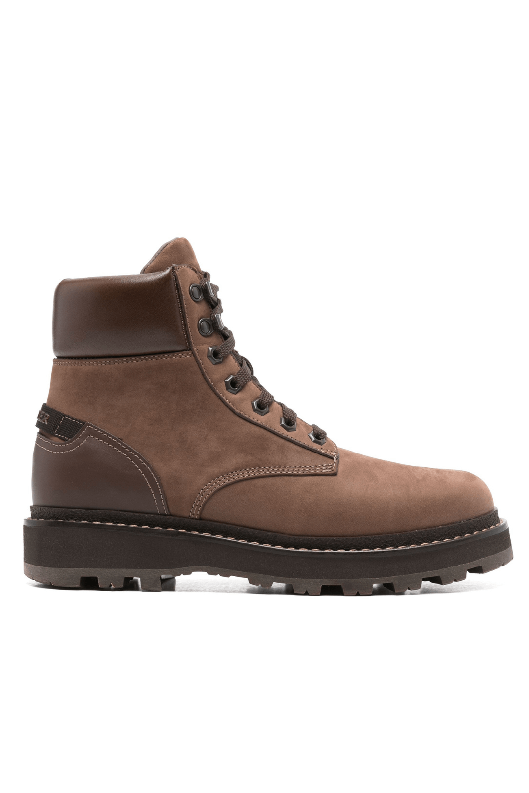 A brown, lace-up Moncler Peka Trek men's boot with a rubber sole and logo detailing on the heel and back.