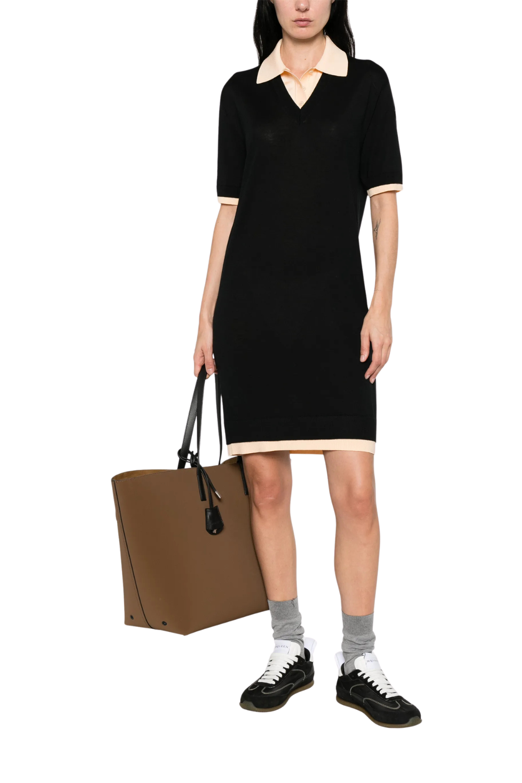 Moncler polo-collar mini dress black and beige