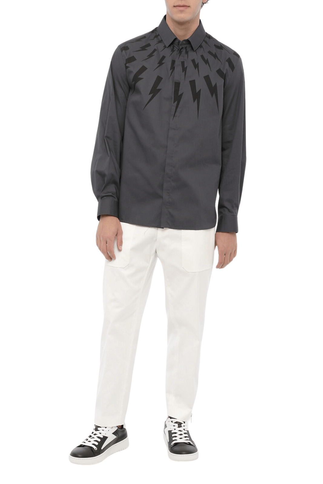 Neil Barrett Loose Fit Fairsle Thunderbold Shirt black grey for men