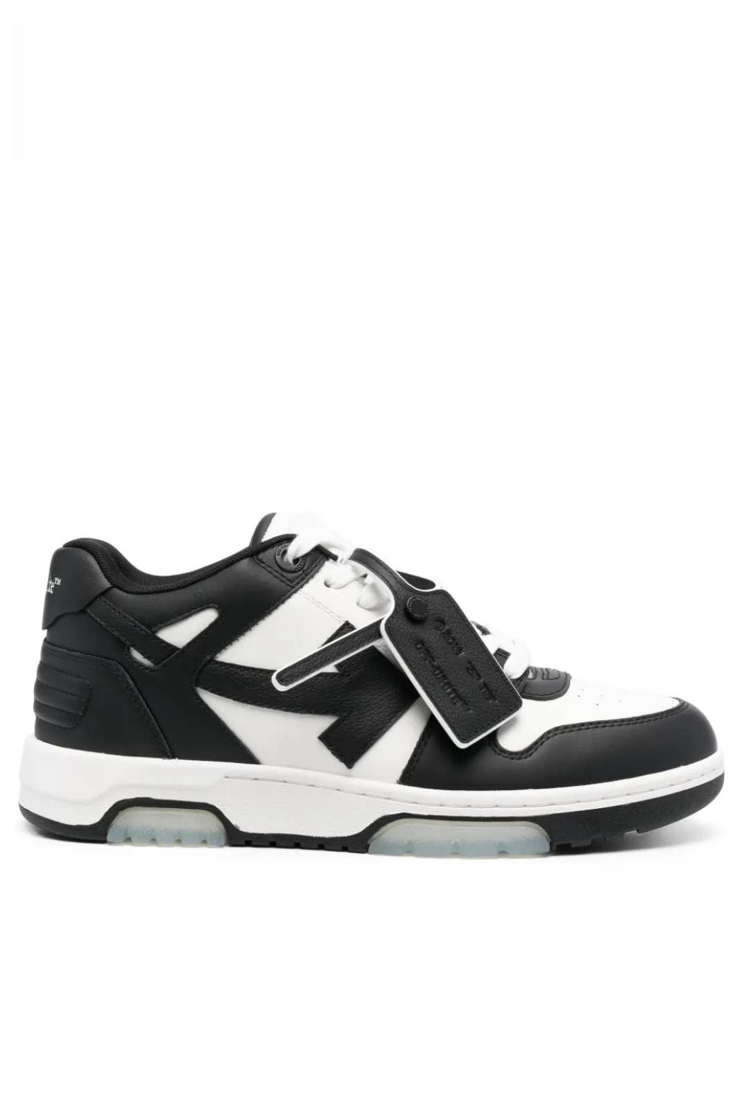 A pair of Off-White Out Of Office black and white lace-up sneakers with the brand's logo and distinctive arrow pattern on the side.