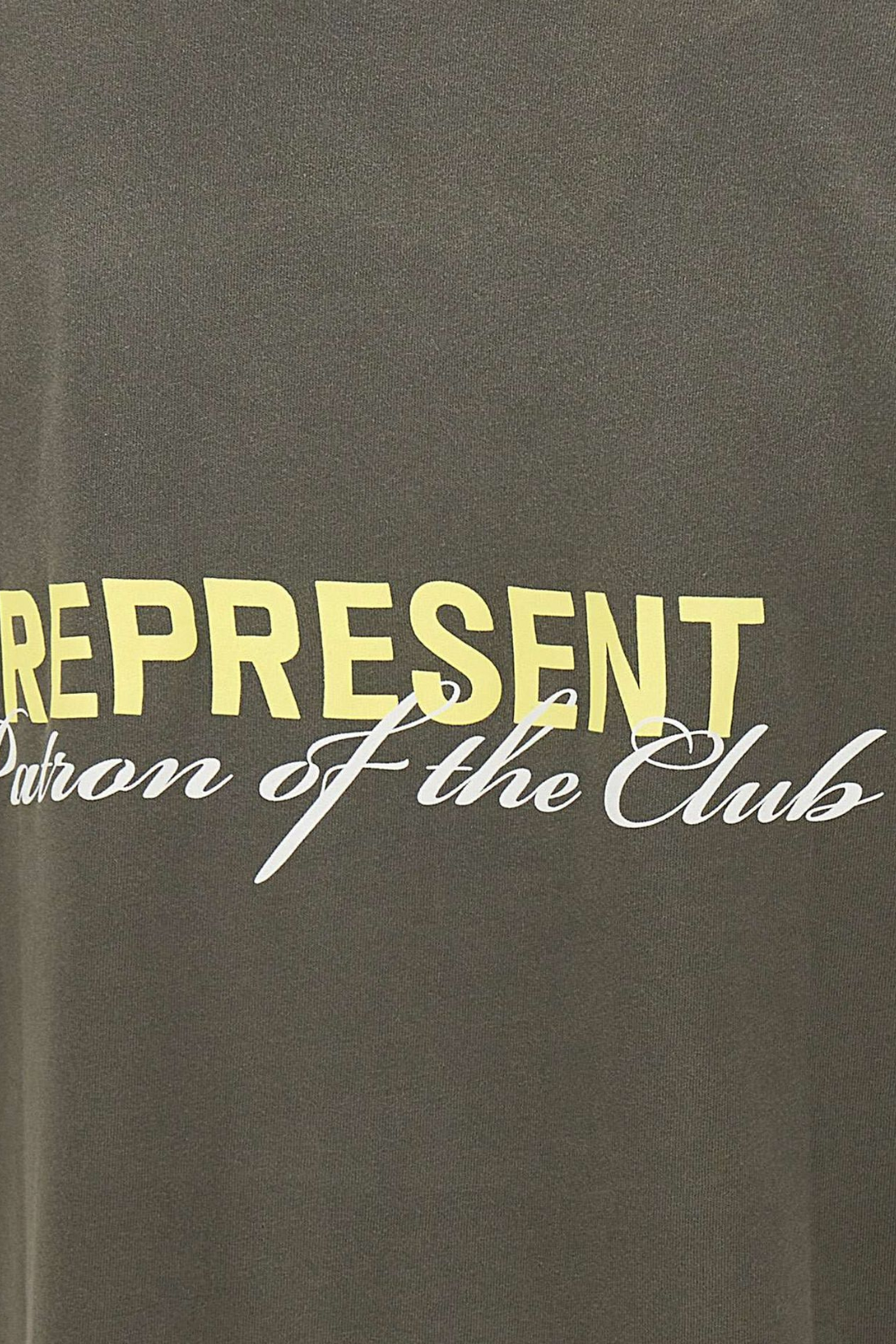 Dark gray t-shirt with yellow and white text 'REPRESENT Patron of the Club' on a plain background