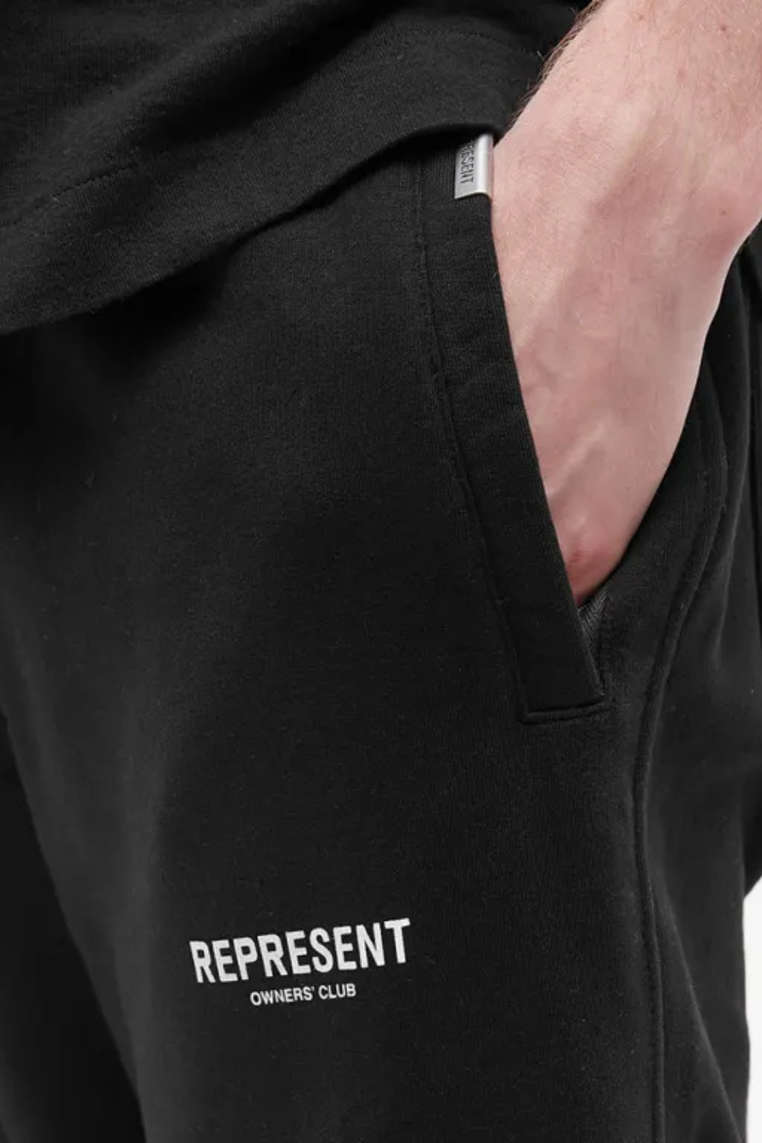 represent black relaxed fit sweatpant with an elastic waistband and straight cuffs, featuring side pockets and a visible branding logo on the back.